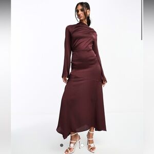 ASOS high neck satin asymmetric hem maxi dress in Burgundy